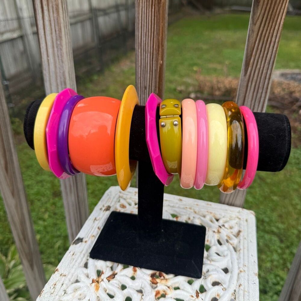 Vintage Colorful Lucite Resin Bangle Bracelet Lot Chunky Statement Jewelry